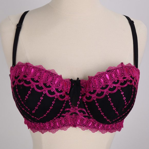 ❄ Frederick's of Hollywood NWOT Black Purple Embroidered Pad Push Up Bra Corset - Picture 1 of 9